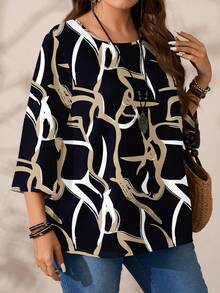 EMERY ROSE Blus Wanita Ukuran Besar Elegan dengan Motif Geometris Abstrak, Kasual, Potongan Longgar, Leher Bulat, Lengan 3/4, Cocok untuk Liburan Musim Semi - MultiWarna - View 6