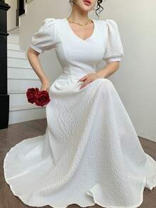 DAZY Women's Elegant Solid Color Textured Puff Sleeve Midi Dress, Summer Wedding Guest Dress Sundress - White - View 2