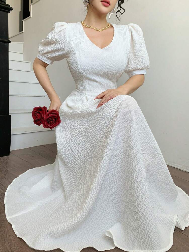 Women's Elegant Solid Color Textured Puff Sleeve Midi Dress, Summer Wedding Guest Dress Sundress
