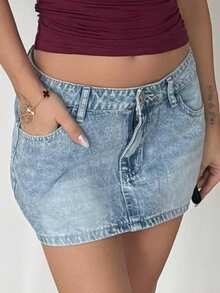 RebeccaVibe 女士休闲口袋紧身短款牛仔迷你裙 - 中等水洗藍 - 查看 3