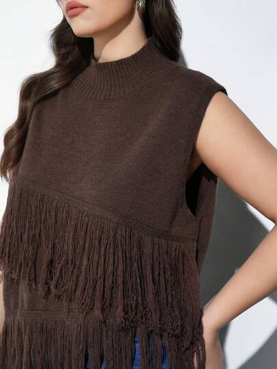 Maija Plus Size Women's Solid Color Sleeveless Knit Fringe Decorated Asymmetrical Hem Vest, Basic Sweater Top For Urban Commute, Business Casual, Office Wear,Brown Spring To Summer Spring Outfit Womenvalentine's Day Carnival Fasching Women Costume Party Beach Wedding Vacation Casual