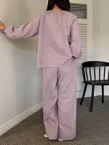 DAZY 波点印花宽松灯笼袖女士睡衣套装 - 紫色 - 查看 2