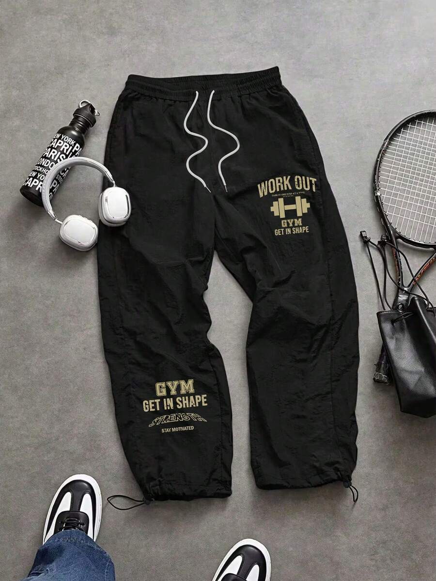 Sport MetroGents 男士休闲日常字母和杠铃印花抽绳腰运动裤 - 黑色 - 查看 1