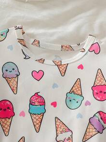 SHEIN GraphicGems Bộ 2 món đồ ngủ ngắn tay in hình kem hoạt hình nhiều màu sắc cho bé gái, bộ đồ ngủ mùa hè chủ đề kem cho bé gái, quần áo bé gái chủ đề kem, váy ngủ mùa hè chủ đề kem - Màu Hồng baby - Xem 3