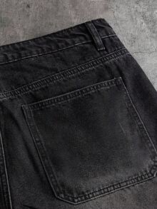 AXEPEAK Men's Washed Denim Shorts With Rhinestone Embellishment, Fashionable Knee-Length Pants - Black - View 4