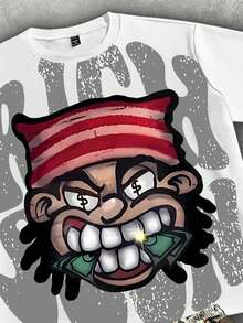 Manfinity ZONE917 宽松街头风迷彩、金钱、卡通肖像涂鸦印花短袖T恤套装 - 白色 - 查看 2