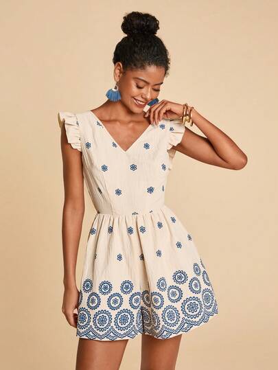 Travachic Women's Romantic Floral Print Cap Sleeve Jumpsuit, Summer Holiday