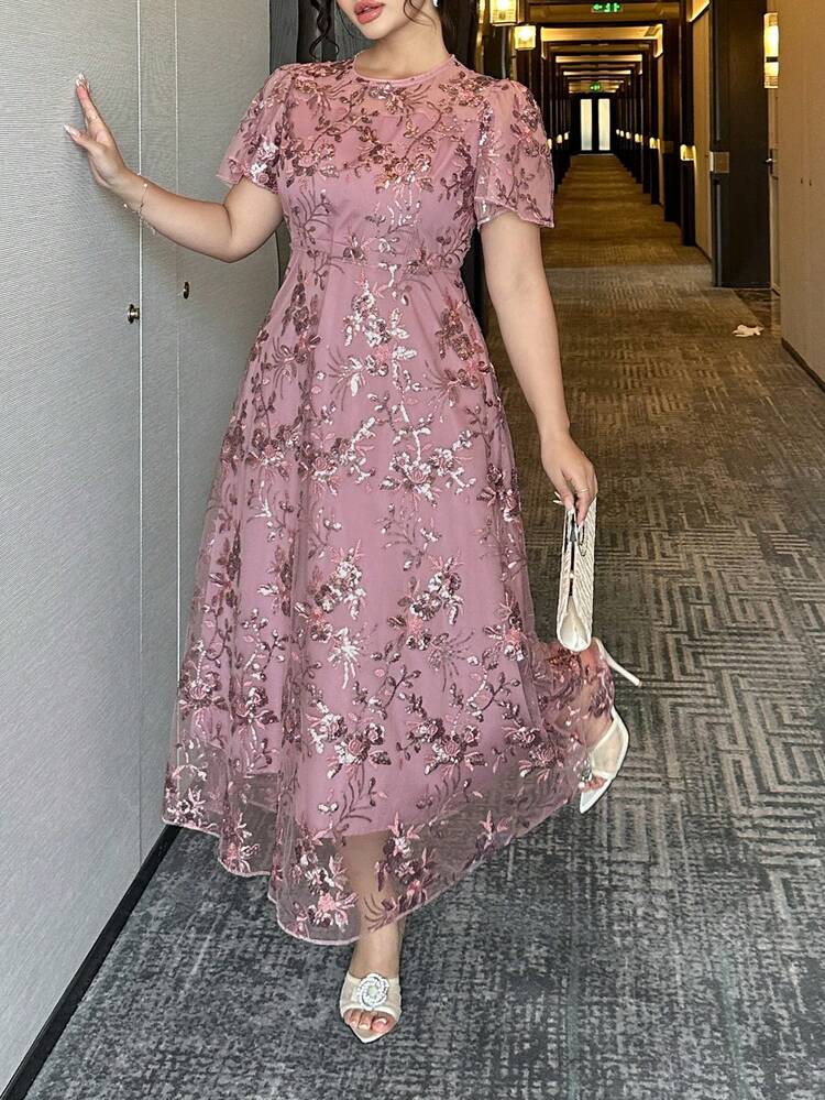 Dazy Plus Plus Size Purple Sequin Embroidered Round Neck Puff Sleeve Waist Slimming Elegant Long Party Dress For Women, Spring/Summer Sundress Floral Dresses For Women