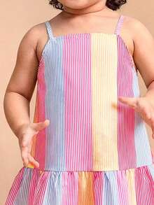 SHEIN 女婴夏季休闲度假风撞色条纹印花荷叶边吊带连衣裙
