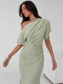 Aloruh Đầm dài màu xanh bạc hà thanh lịch, thiết kế bất đối xứng vai, thắt eo, thích hợp cho các bữa tiệc và dịp trang trọng. - màu xanh lá - Xem 6