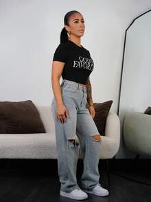 SAYEHFBABY Women Simple Printed Crop Top Slim Fit T-Shirt GOD'S FAVORITE Graphic Tees Women Tops - Black - View 4