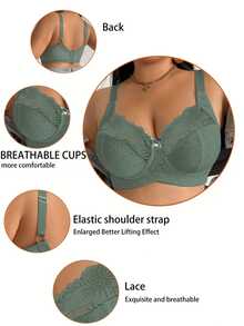 DesireSculpt 1pc Plus Size Lace Patchwork Wireless Bra - Dark Green - View 3