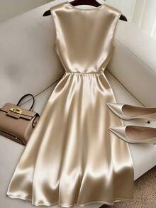 SHEIN Franclia Women's Spring/Summer Cinched Waist Sleeveless Dress, Women's Knit Satin Elastic Bodycon Dress Luxury Outfits Women Dresses Champagne Classy Dress Silk Dresses Satin Dress Elegant - Multicolor - View 2