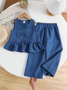 SHEIN 两件套女童格子圆领修身休闲上衣和宽松休闲裤 - 藍色 - 查看 9