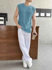 SWAVVY Men's Solid Color Crew Neck Sleeveless Waffle Knit Tank Top,Casual Breathable Mesh Loungewear Shirt,Blue Summer Top For Men - Blue - View 4