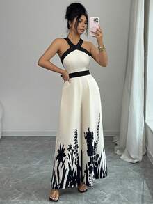Rafferiza Women's Elegant French Style Black Patchwork Halter Backless Bowknot Tie Waist Long Printed Casual Jumpsuit, Spring/Summer - Apricot - View 6