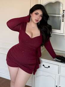 Vibekara Valentine New Stylish Sexy Fringe Square Neck Long Sleeve Slim Fit Bodycon Mini Dress, Spring/Autumn - Purple - View 6