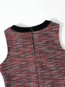 Conjunto de camiseta de cuello alto sólida y vestido ajustado sin mangas con bolsillo falso y lazo para niña preadolescente, elegante y vintage, adecuado para uso diario, citas y reuniones - Negro - Ver 4