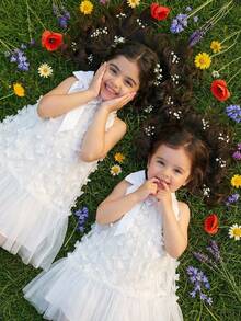 Vestido infantil feminino com gola alta, estampa de borboletas e patchwork em tule. Ideal para uso casual, diário e festas. - Branco - Ver 8