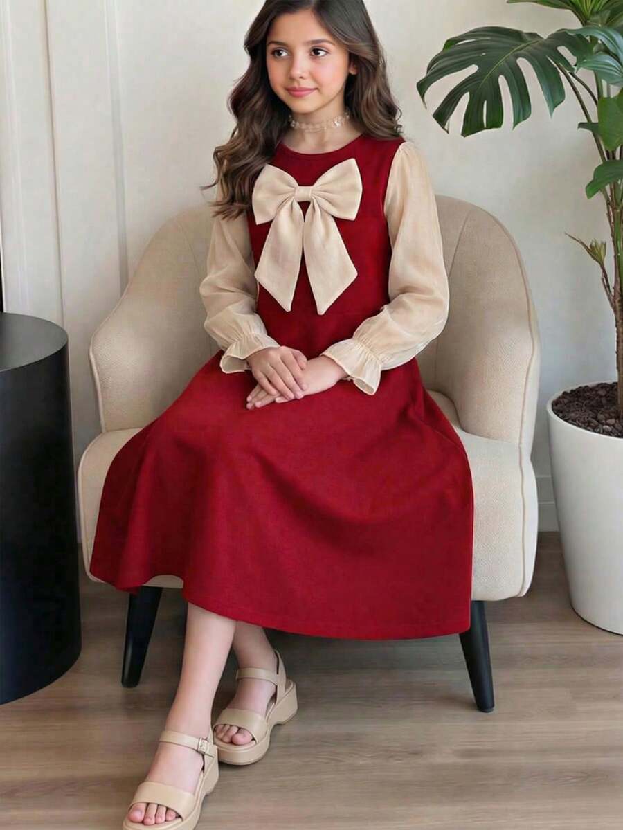 SHEIN Tween Girls Wedding/Tween Girl Elegant Cute Red Knitted Bow Long Sleeve Dress Valentine's Day Big Bow Dress, Red Dress Red Dress Sister - Red - View 1