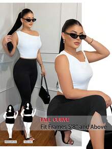 SHEIN Tall CURVE Quần legging cạp cao màu trơn dành cho nữ cỡ lớn, kiểu dáng thường ngày. - màu đen - Xem 1