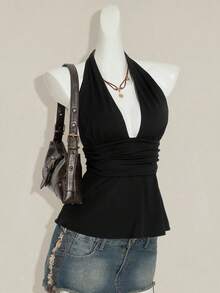 SHEIN Tall CURVE 新款加大码女式高个女孩深V领褶皱性感吊带背心，夏季上衣 - 黑色 - 查看 6