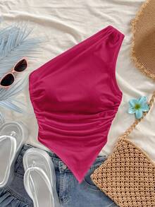 Soleia 女士玫瑰红不对称下摆不对称肩部上衣，夏季度假 - 彩色 - 查看 7