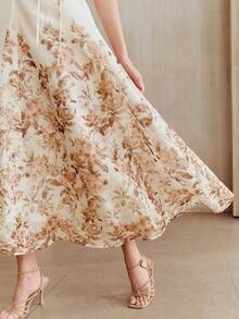 Anewsta 象牙色无袖V领碎花下摆收腰长连衣裙 - 杏色 - 查看 6