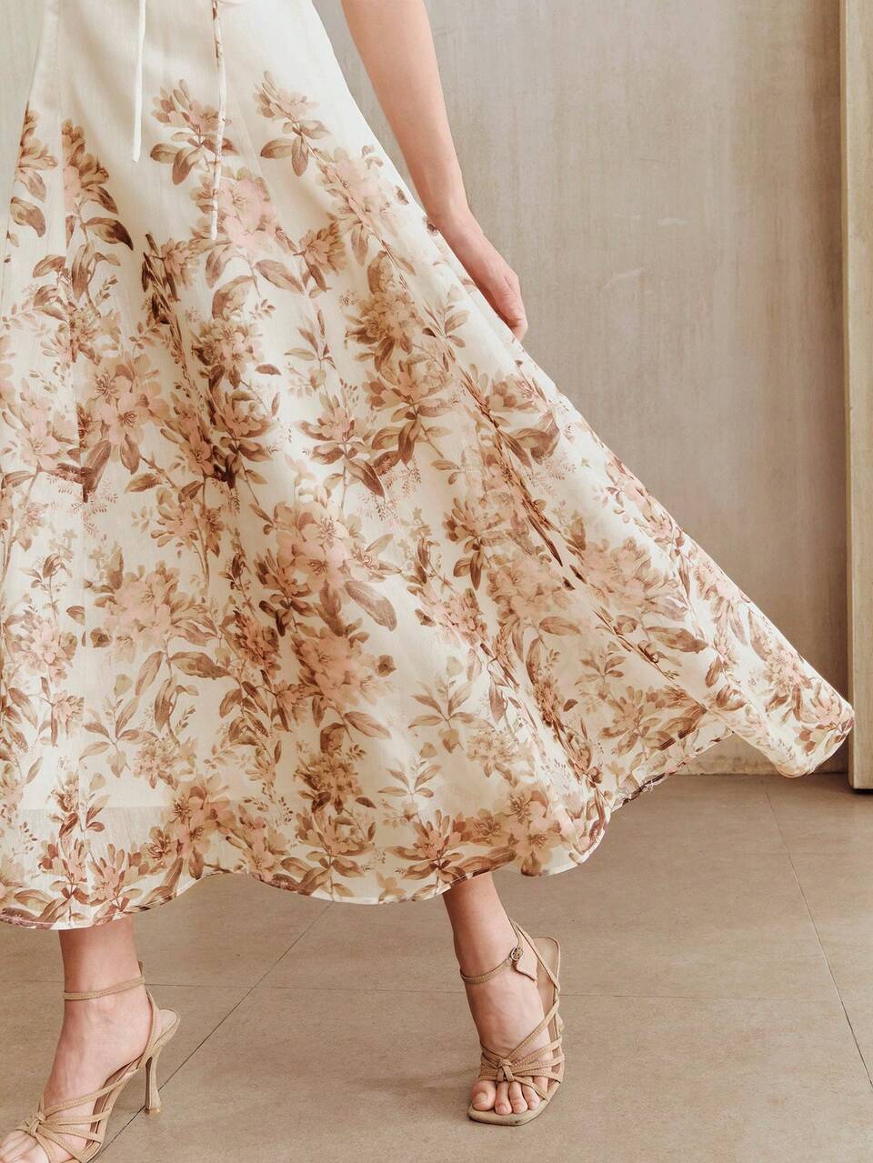 Anewsta Ivory Sleeveless V-Neck Floral Hem Waist Cinched Long Dress For Women