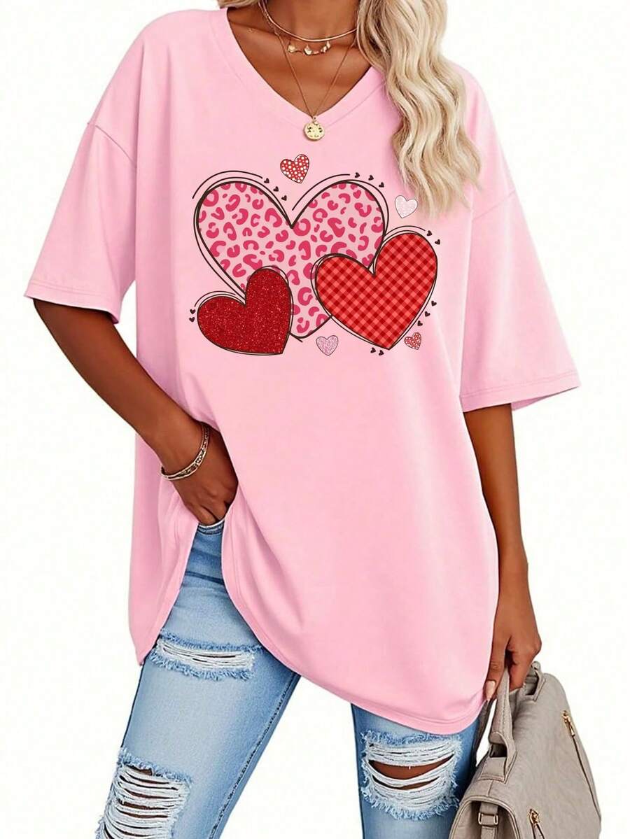 EMERY ROSE Áo thun ngắn tay ngày Valentine, áo thun ngắn tay cổ chữ V họa tiết trái tim, thích hợp cho mùa xuân và mùa hè, trang phục nữ. - Hồng - Xem 1