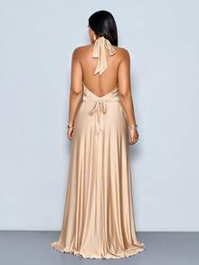 SOLERSUN Women's Elegant Apricot Satin Ruched Halter With Belt Maxi Dress,Ruched Flowy Backless Evening Gown For Formal Party Prom Wedding Guest - Khaki - View 3