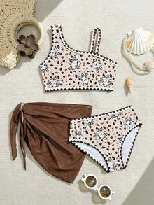 3pcs Young Girl Swimwear Set, Cute Leopard Print Rabbit Bikini With Beach Skirt - Brown - View 1