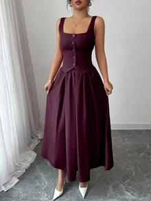 Rafferiza Conjunto de 2 piezas de mujer con chaleco sin mangas de cuello cuadrado de un solo botonadura y falda plisada acampanada, versátil para uso diario - Rojo violeta - Ver 5