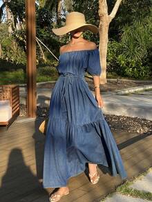 DAZY Women's Off-Shoulder Cinched Waist Short Sleeve Vacation Style Long Denim Dress - Medium Wash - View 4