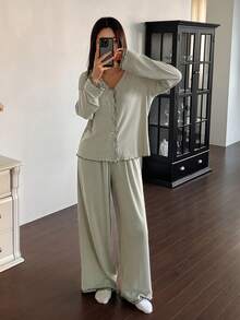 DAZY Green Minimalist Wavy Trim Comfortable Knit Women Pajama Set - Green - View 6