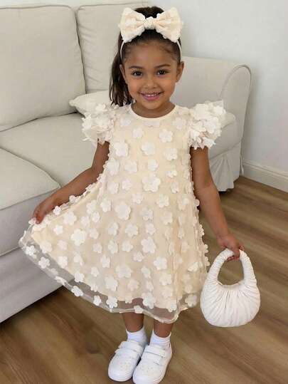 Vestido de niña joven con cuello redondo, elegante y lindo, con volantes de malla 3D con flores