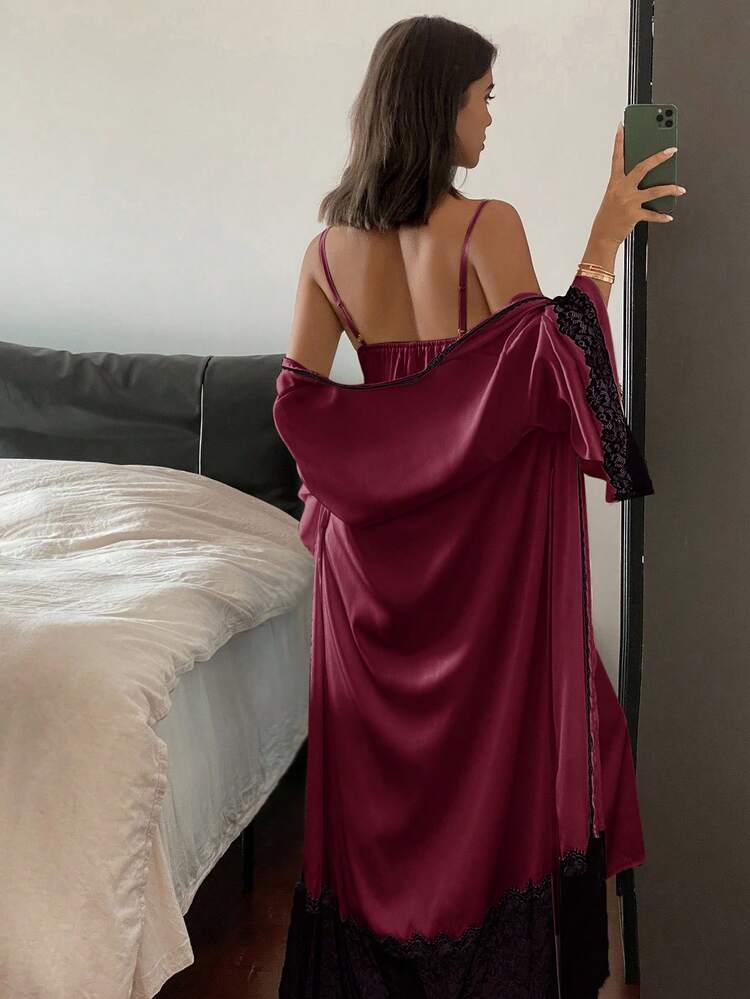 2pcs Women's Sleepwear Set: Contrast Color Lace Patchwork Robe & Slip Dress, Spring