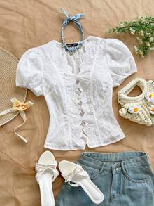 Soleia Women's Hollow Out Embroidery Puff Sleeve Casual Blouse - White - View 1