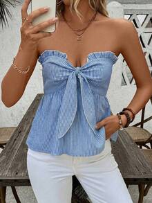 Breezaya 條紋印花露肩上衣，上襯荷葉邊，女性夏季風格