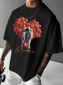 Manfinity LEGND Men's Casual Valentine's Day Astronaut & Heart Print T-Shirt, Summer - Black - View 1