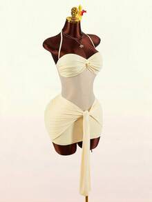 Amplova 浪漫黄色春假露背前扭结倒V领开衩迷你连衣裙（女款） - 淡黃色 - 查看 4