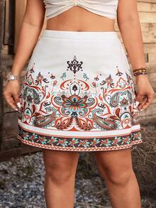 Ceyna Falda mini de línea A de punto con bordado y estampado para mujer de talla grande, falda elegante de negocios y casual, falda estampada bohemia y colorida - Albaricoque - Ver 5