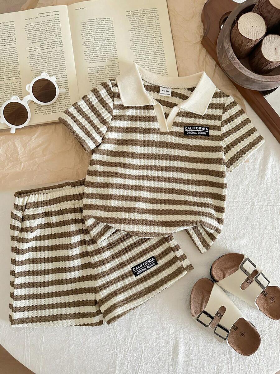 LMoss Kids Baby Boy Striped Print Letter Patched Detail Polo Shirt & Shorts - Multicolor - View 1