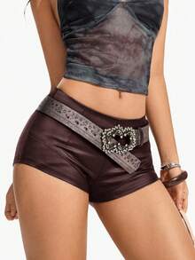 Jeanoix 女士时尚性感纯色低腰短裤，夏季 - 酒紅色 - 查看 7