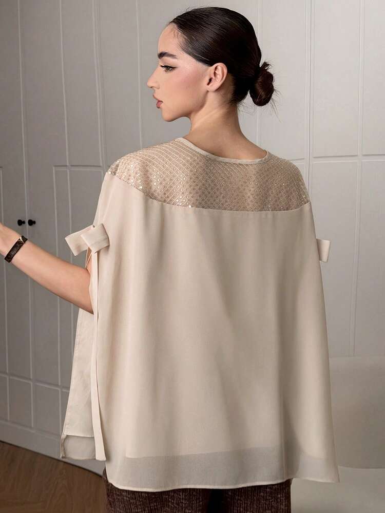 Women's Sequin Patchwork Hollow Out Cover Up With Bow Decor, Elegant Party Top For Spring/Autumn