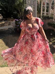 Lyrianda Abito lungo elegante e vintage con spalle scoperte e maniche a palloncino, taglie comode - Rosa - Visualizzare 3