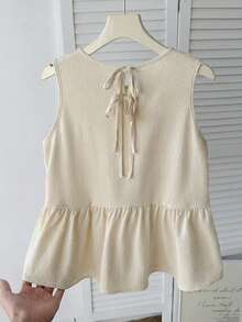 SHEIN Kids Summer Spring Squishy Summer Tops Teen Girls Blue Sleeveless Bow Collar Blouse, Casual Preppy Style Shirt Tween Girl Butter Yellow Tank Top Girls Peplum Top Girls Pastel Yellow Tops - Blue - View 2