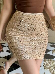 DAZY Chân váy ngắn ôm sát thanh lịch đính sequin dành cho nữ, thích hợp cho mùa xuân/hè, váy dự tiệc cưới. - Màu be - Xem 6