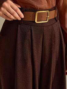 CLARA VERO Women's High Waist Contrast Color Belt Double Pleated Slant Pocket Wide Leg Pants - Brown - View 2