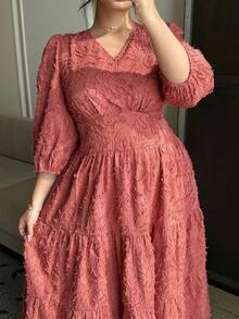 Dazy Plus 大码女士优雅V领提花镂空纹理灯笼袖修身长款派对连衣裙，粉色吊带裙 - 藕粉色 - 查看 2